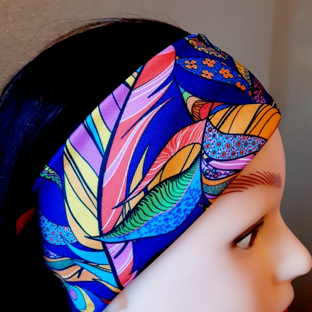 Layered feathers colorful wide fitness headband